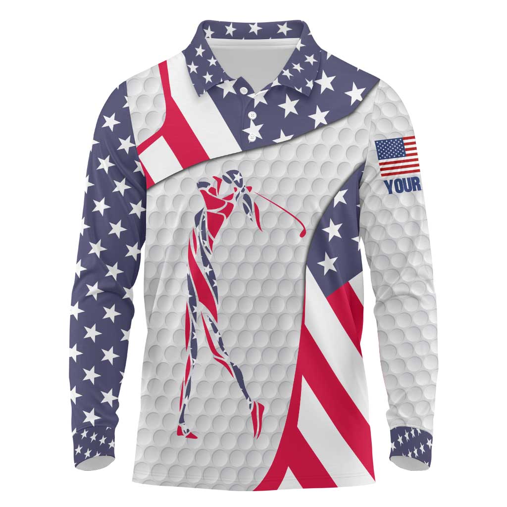 Personalized American Flag Golf Long Sleeve Polo Shirt Female Silhouette and Red White Blue Golf Bag Graphic - Wonder Print Shop
