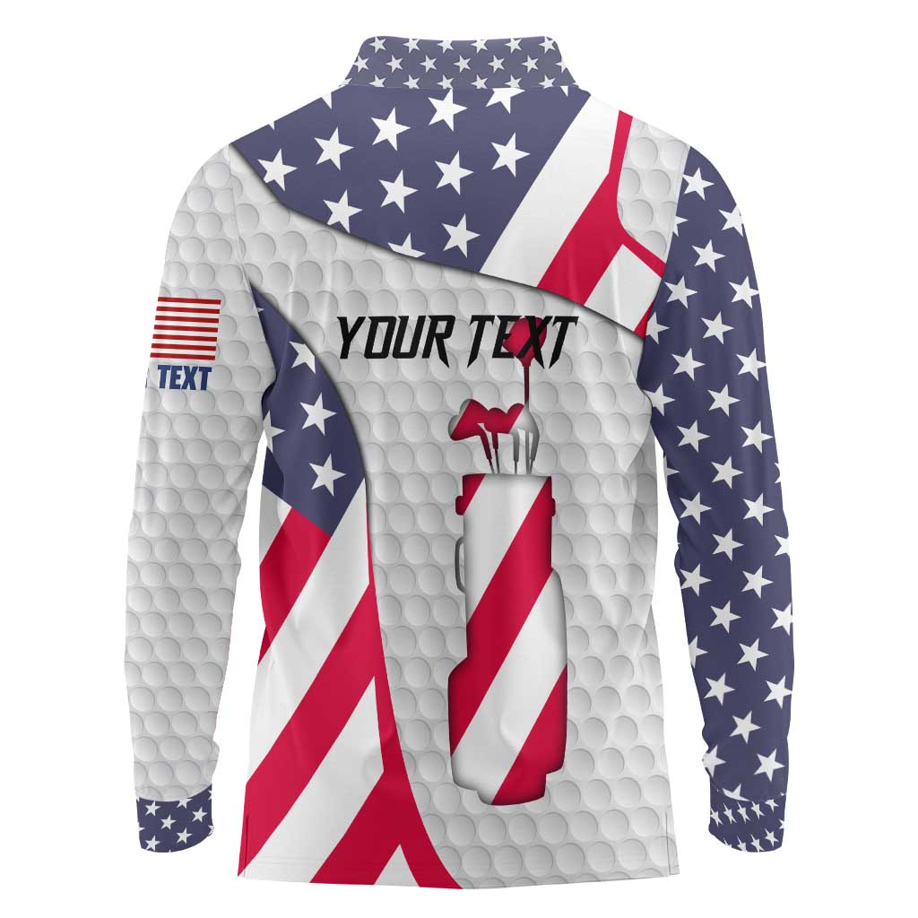 Personalized American Flag Golf Long Sleeve Polo Shirt Female Silhouette and Red White Blue Golf Bag Graphic - Wonder Print Shop
