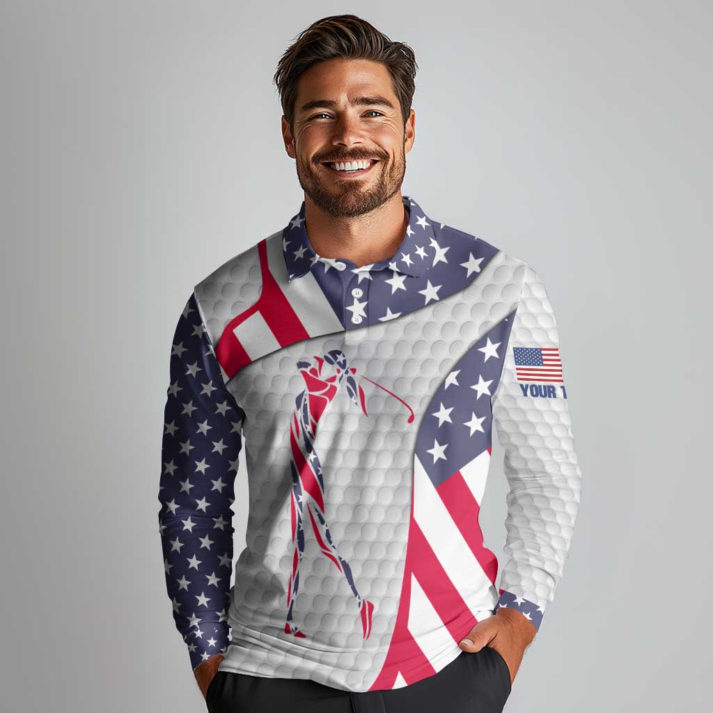 Personalized American Flag Golf Long Sleeve Polo Shirt Female Silhouette and Red White Blue Golf Bag Graphic - Wonder Print Shop
