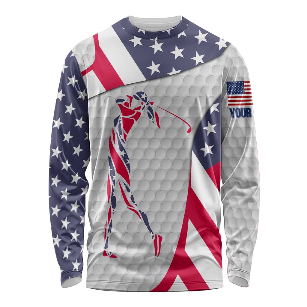 Personalized American Flag Golf Long Sleeve Shirt Female Silhouette and Red White Blue Golf Bag Graphic - Wonder Print Shop