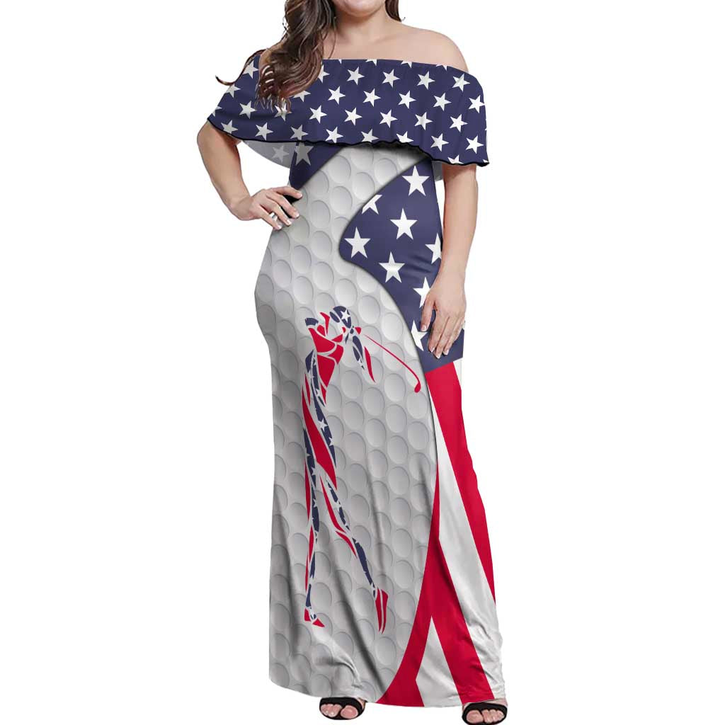 Personalized American Flag Golf Off Shoulder Maxi Dress Female Silhouette and Red White Blue Golf Bag Graphic - Wonder Print Shop
