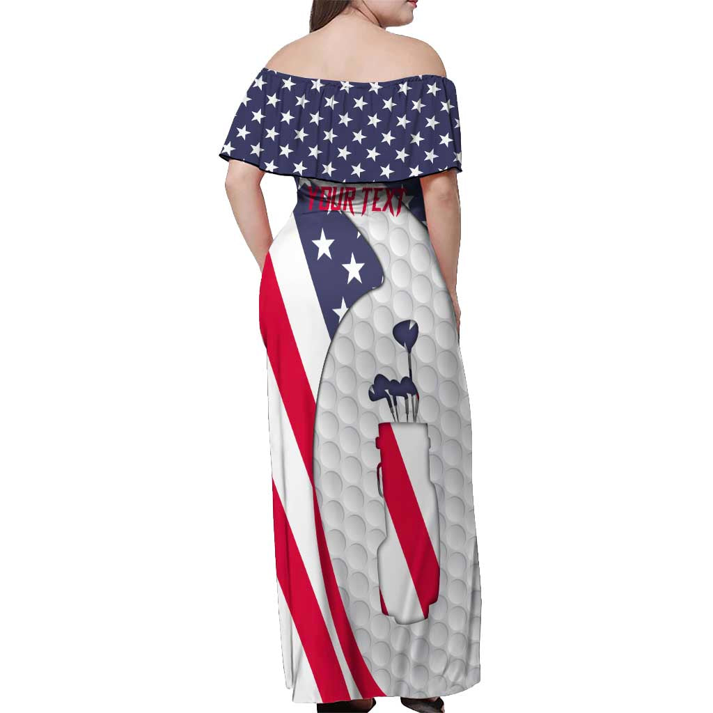 Personalized American Flag Golf Off Shoulder Maxi Dress Female Silhouette and Red White Blue Golf Bag Graphic - Wonder Print Shop