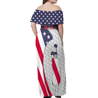 Personalized American Flag Golf Off Shoulder Maxi Dress Female Silhouette and Red White Blue Golf Bag Graphic - Wonder Print Shop