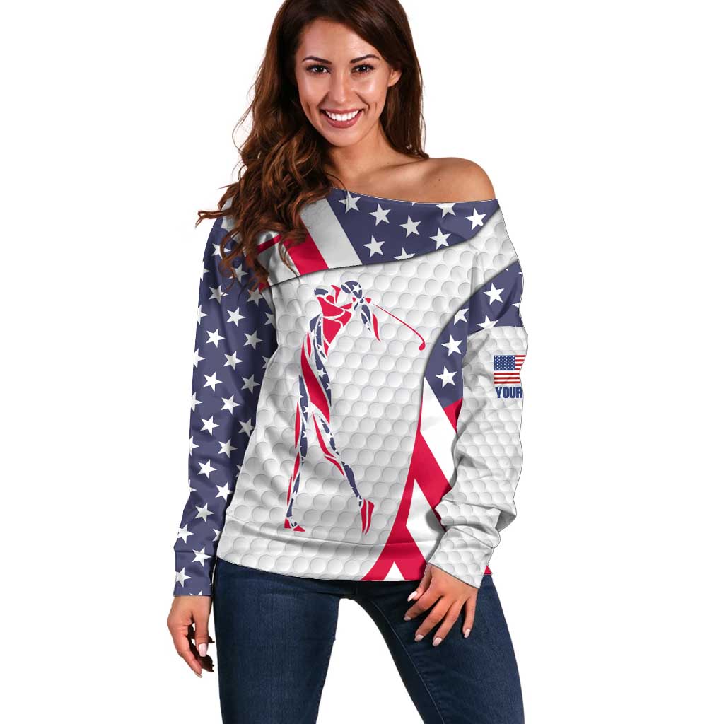 Personalized American Flag Golf Off Shoulder Sweater Female Silhouette and Red White Blue Golf Bag Graphic - Wonder Print Shop