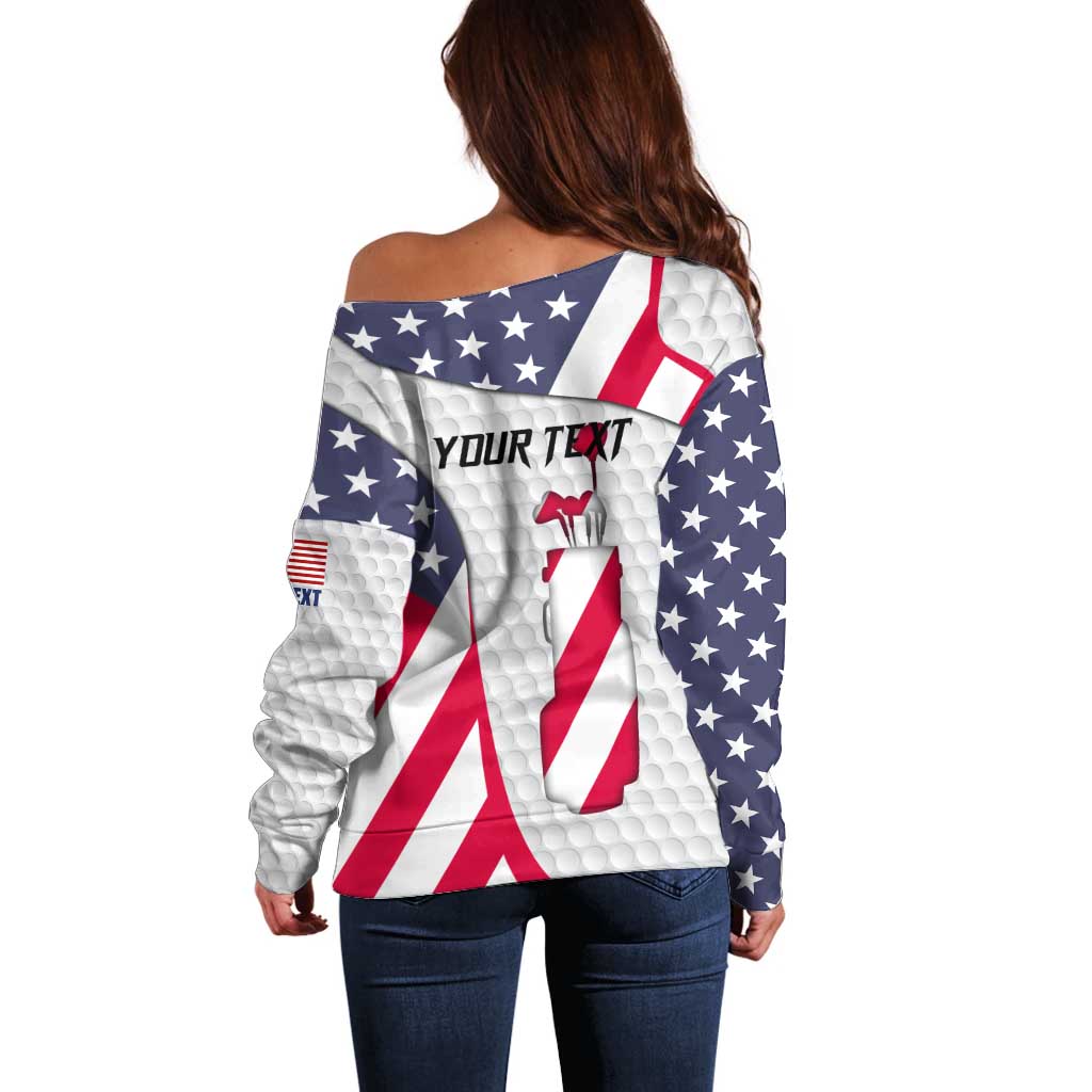 Personalized American Flag Golf Off Shoulder Sweater Female Silhouette and Red White Blue Golf Bag Graphic - Wonder Print Shop