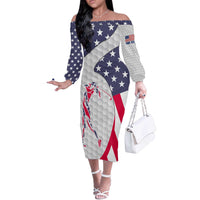 Personalized American Flag Golf Off The Shoulder Long Sleeve Dress Female Silhouette and Red White Blue Golf Bag Graphic - Wonder Print Shop