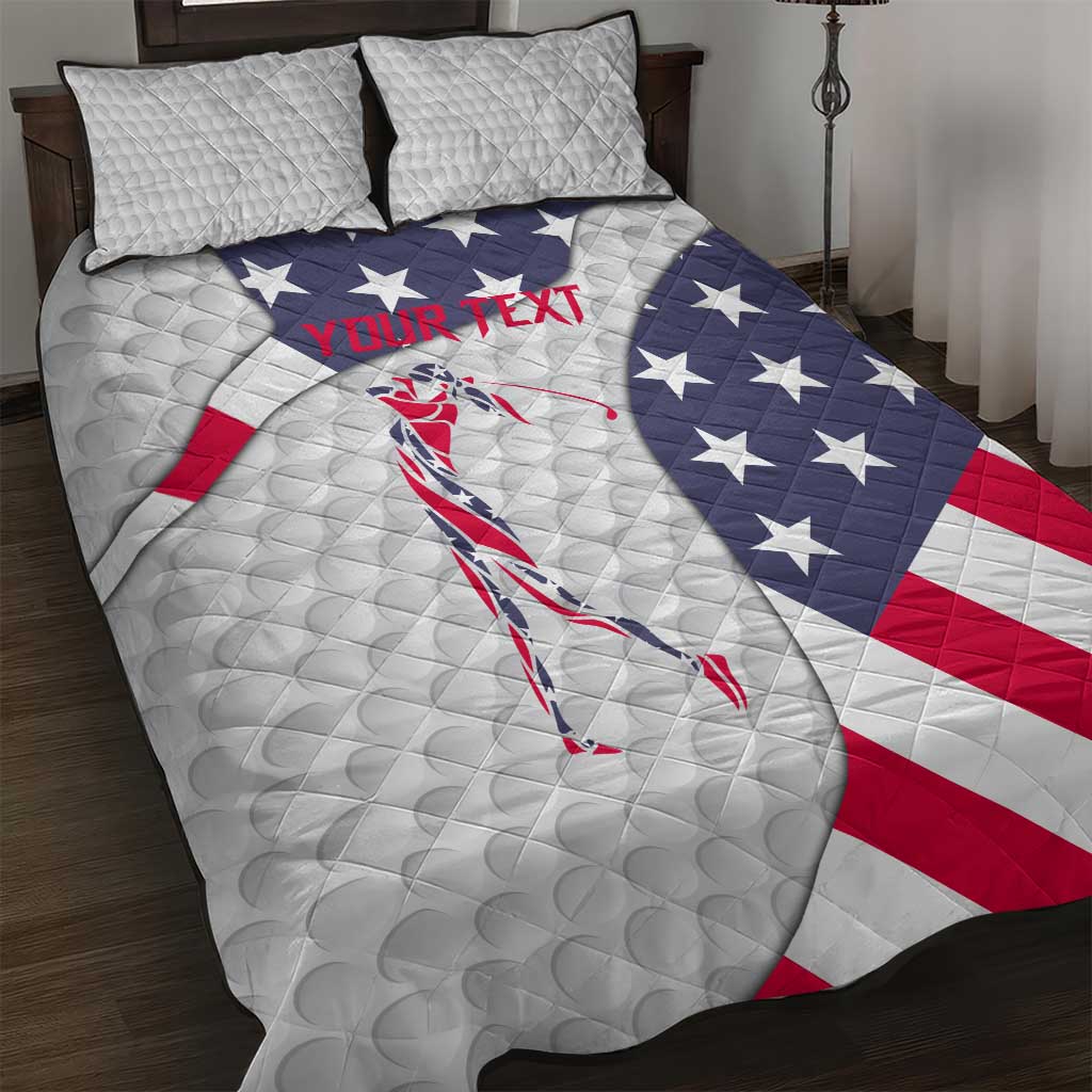 Personalized American Flag Golf Quilt Bed Set Female Silhouette and Red White Blue Golf Bag Graphic - Wonder Print Shop