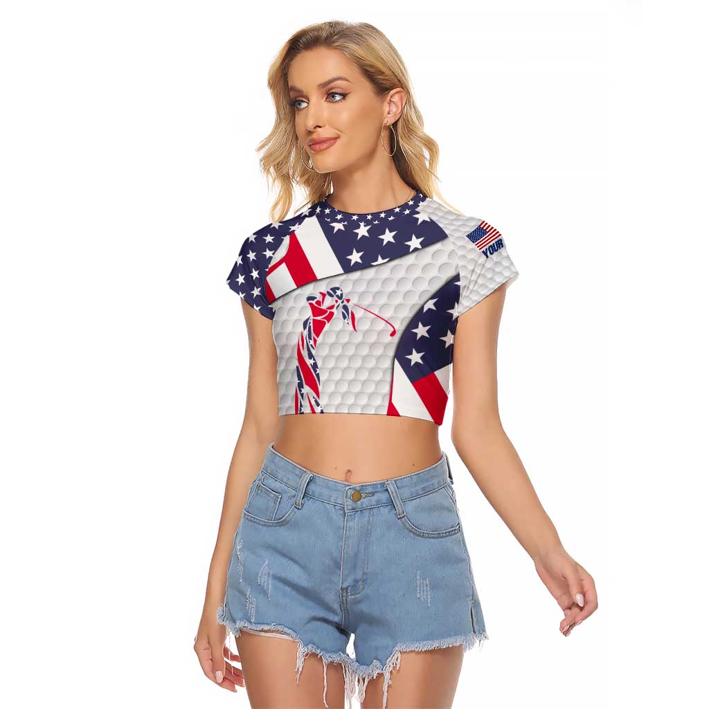 Personalized American Flag Golf Raglan Cropped T Shirt Female Silhouette and Red White Blue Golf Bag Graphic - Wonder Print Shop