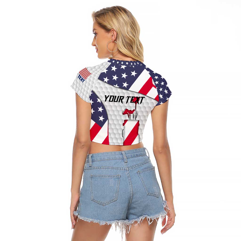 Personalized American Flag Golf Raglan Cropped T Shirt Female Silhouette and Red White Blue Golf Bag Graphic - Wonder Print Shop