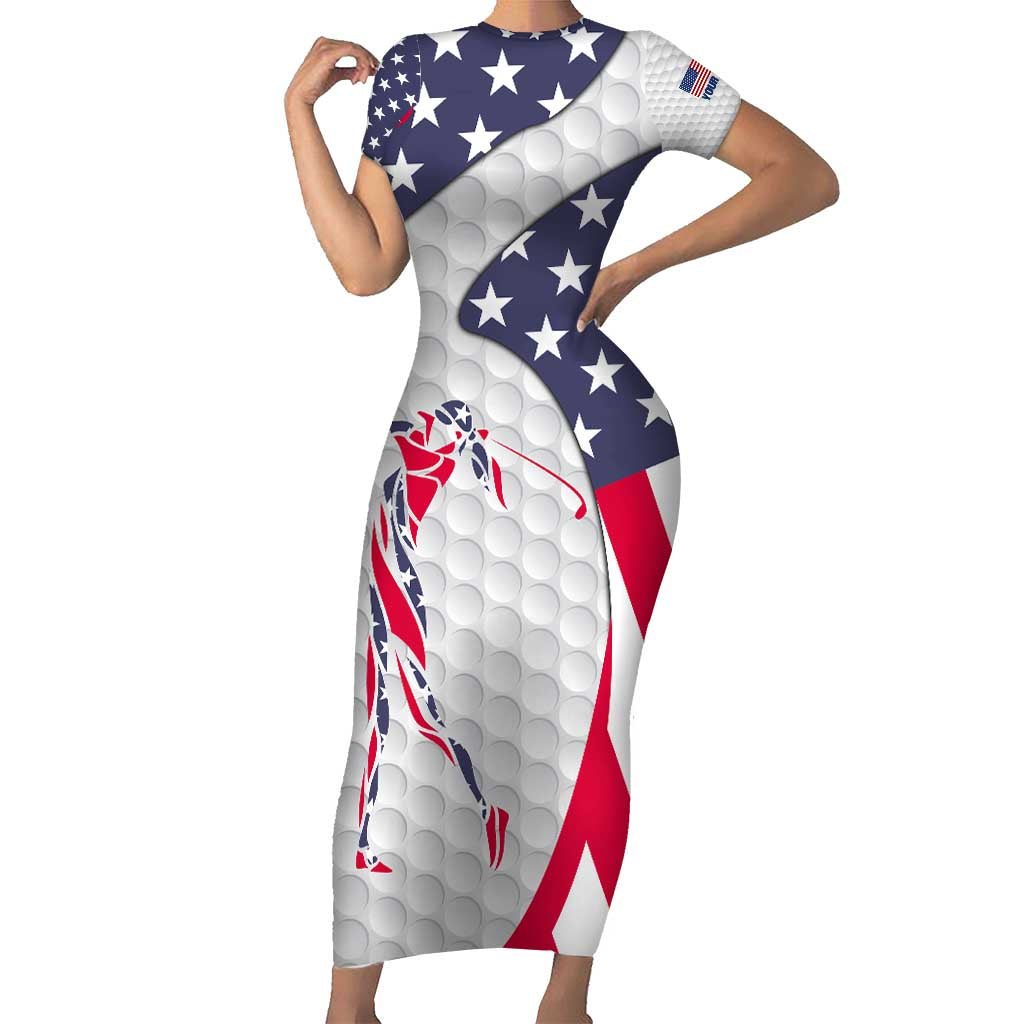 Personalized American Flag Golf Short Sleeve Bodycon Dress Female Silhouette and Red White Blue Golf Bag Graphic - Wonder Print Shop