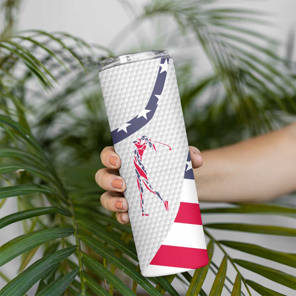 Personalized American Flag Golf Skinny Tumbler Female Silhouette and Red White Blue Golf Bag Graphic - Wonder Print Shop
