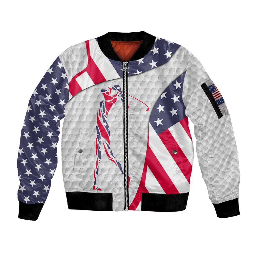 Personalized American Flag Golf Sleeve Zip Bomber Jacket Female Silhouette and Red White Blue Golf Bag Graphic - Wonder Print Shop