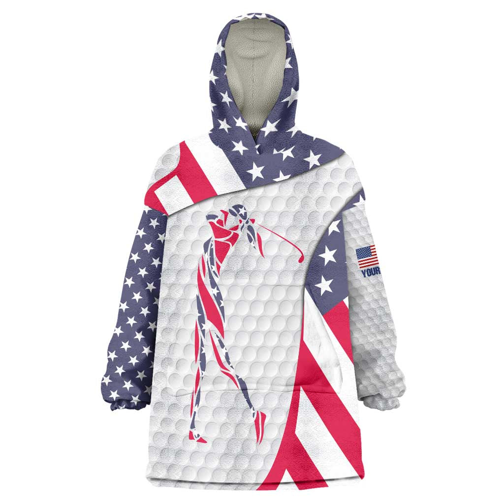 Personalized American Flag Golf Wearable Blanket Hoodie Female Silhouette and Red White Blue Golf Bag Graphic - Wonder Print Shop