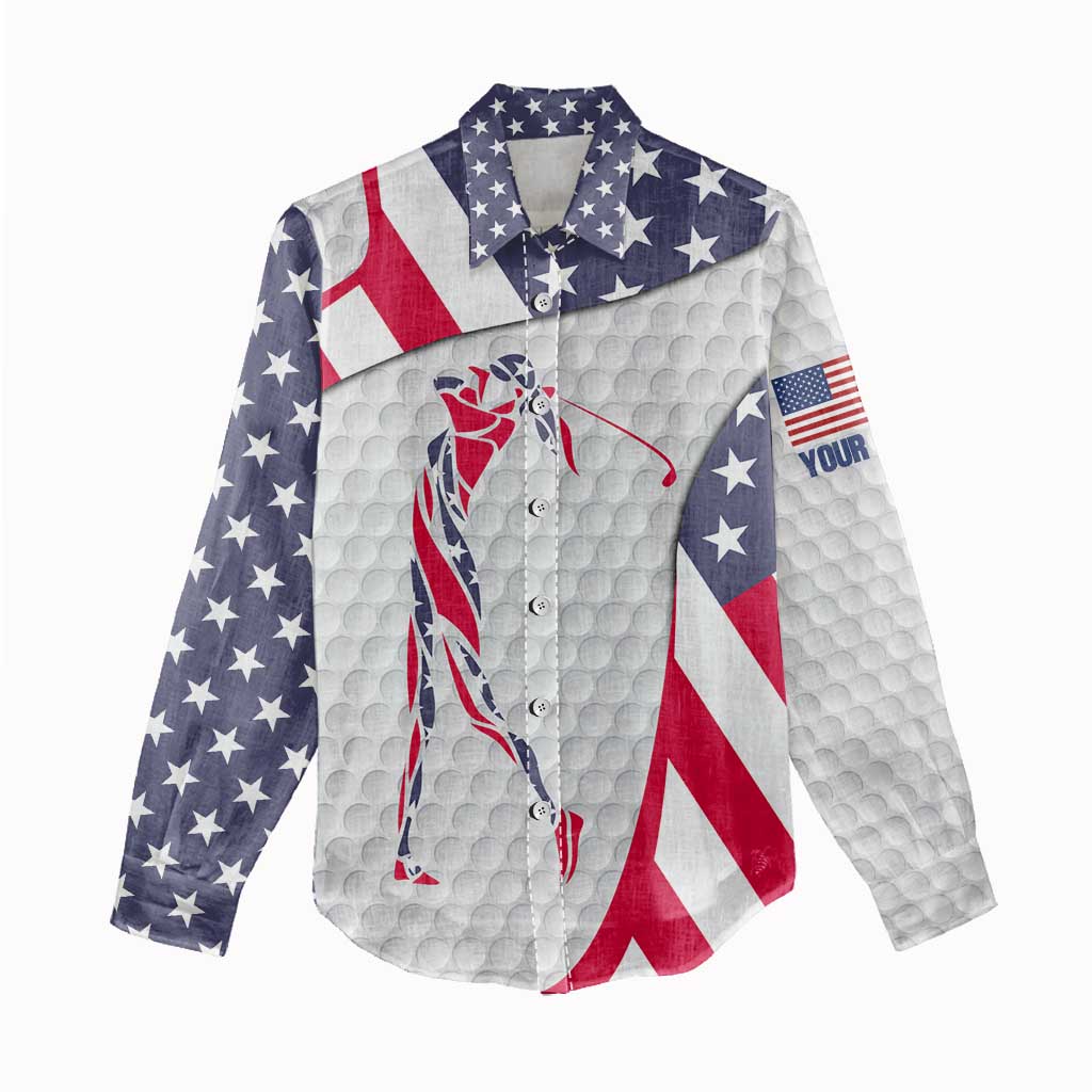 Personalized American Flag Golf Women Casual Shirt Female Silhouette and Red White Blue Golf Bag Graphic - Wonder Print Shop