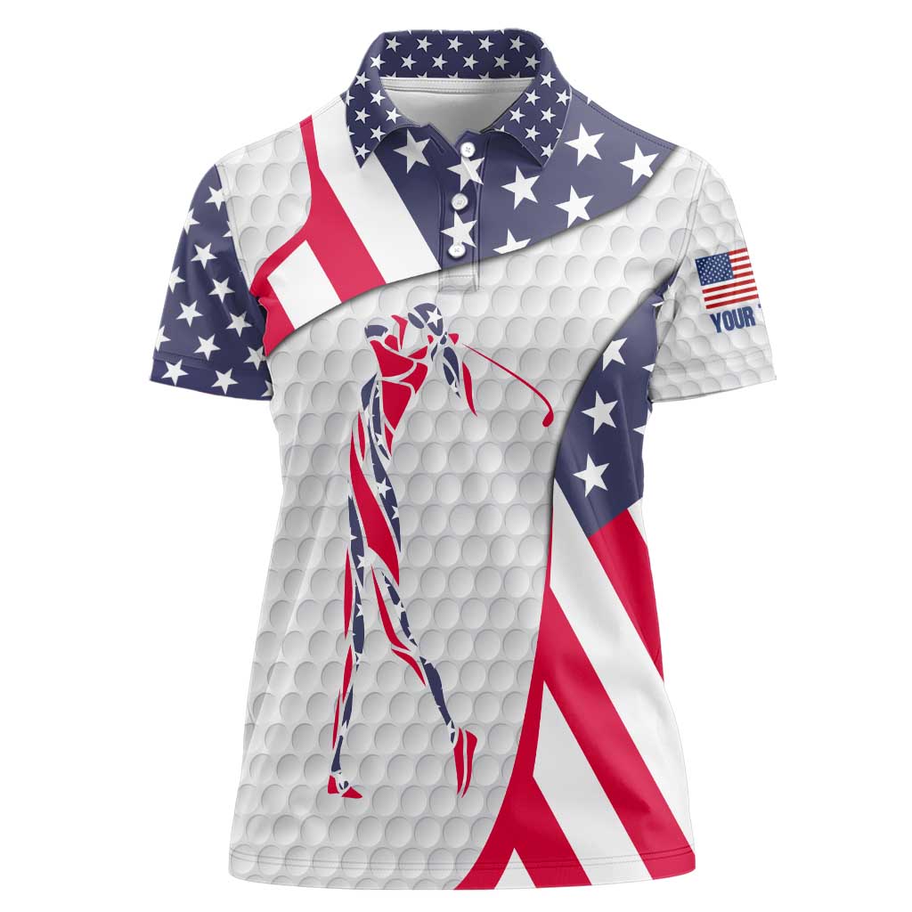 Personalized American Flag Golf Women Polo Shirt Female Silhouette and Red White Blue Golf Bag Graphic - Wonder Print Shop