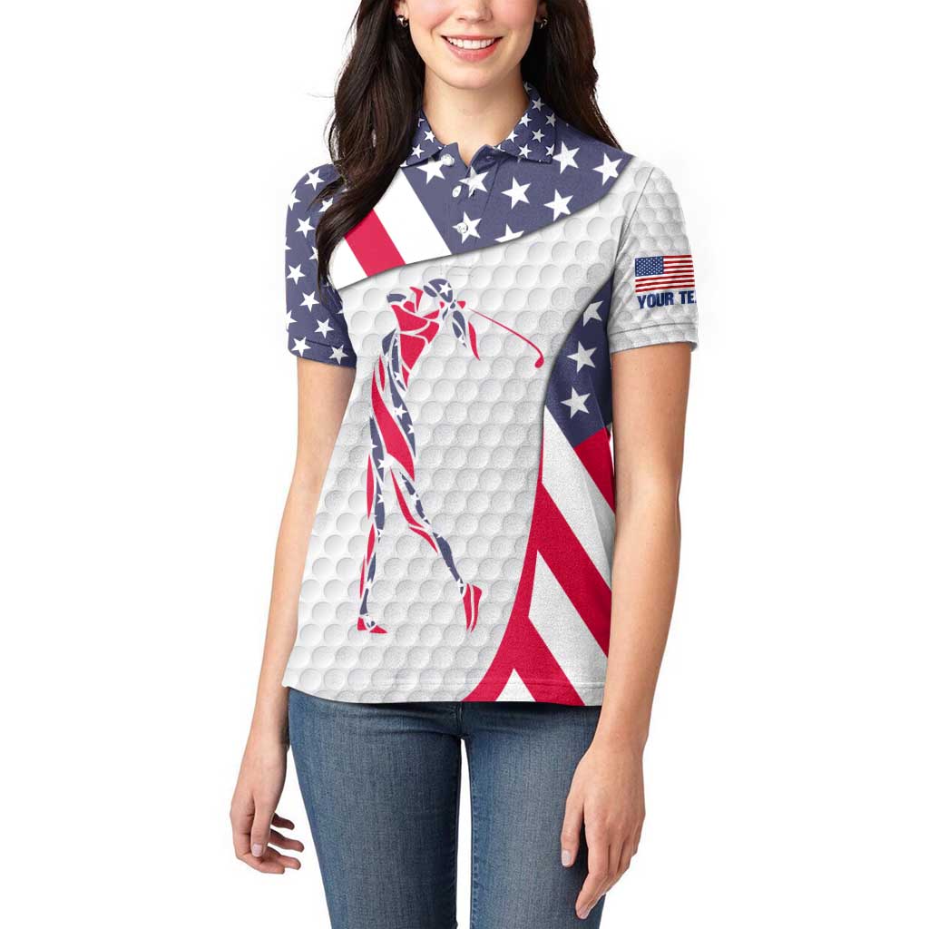 Personalized American Flag Golf Women Polo Shirt Female Silhouette and Red White Blue Golf Bag Graphic - Wonder Print Shop
