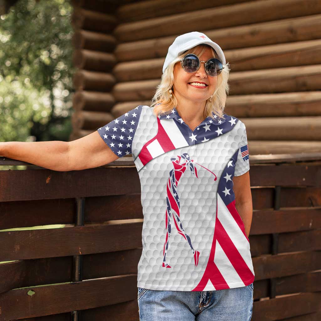 Personalized American Flag Golf Women Polo Shirt Female Silhouette and Red White Blue Golf Bag Graphic - Wonder Print Shop