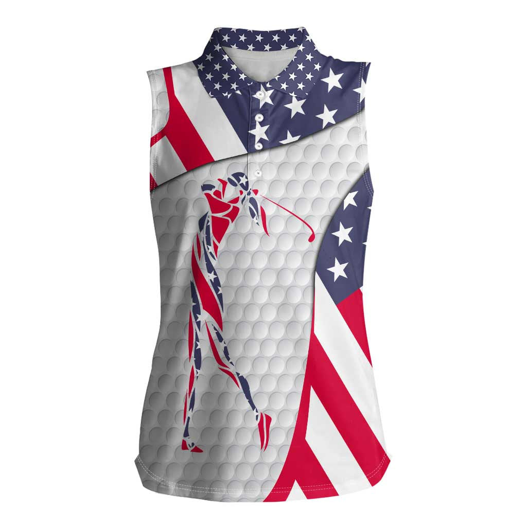 Personalized American Flag Golf Women Sleeveless Polo Shirt Female Silhouette and Red White Blue Golf Bag Graphic - Wonder Print Shop