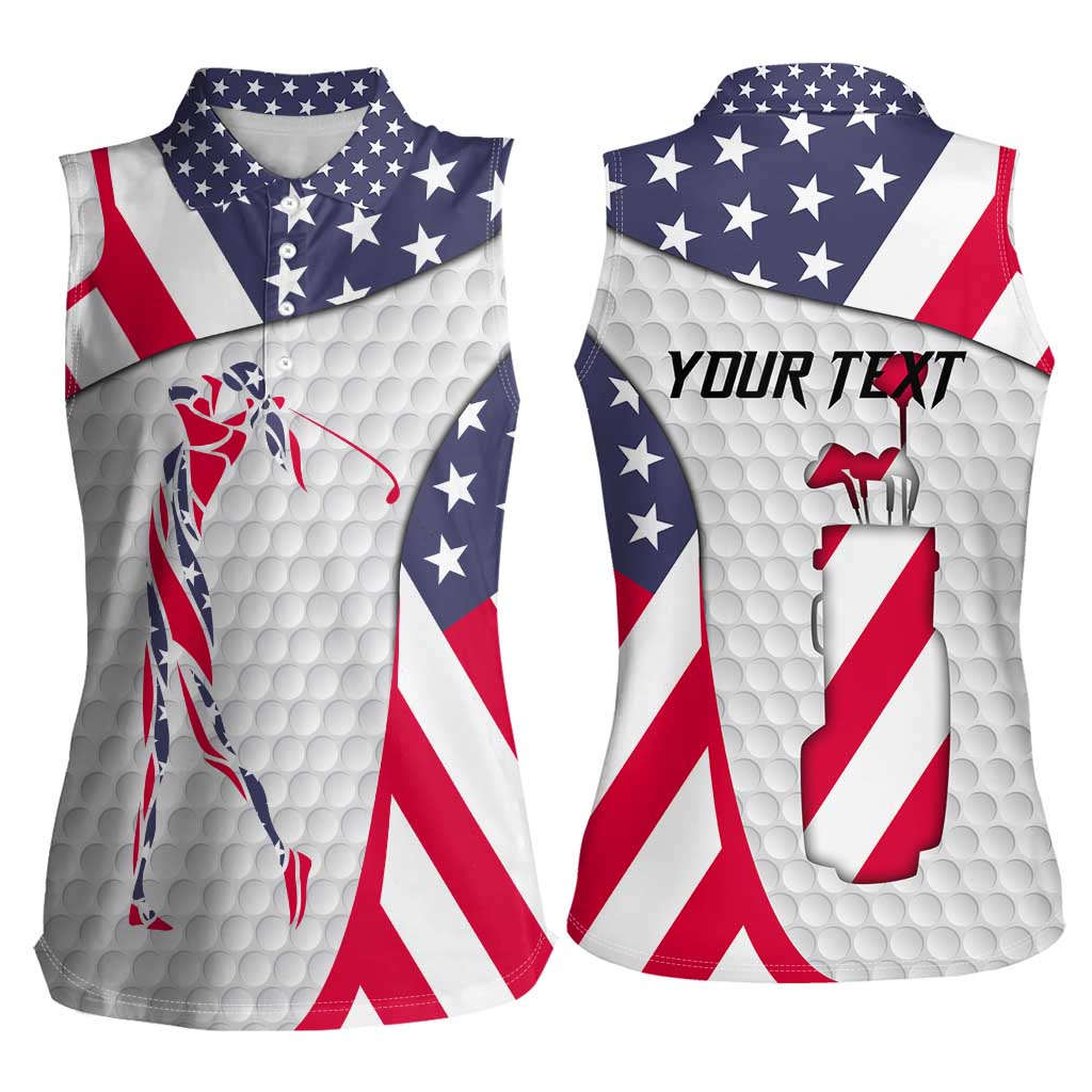 Personalized American Flag Golf Women Sleeveless Polo Shirt Female Silhouette and Red White Blue Golf Bag Graphic - Wonder Print Shop