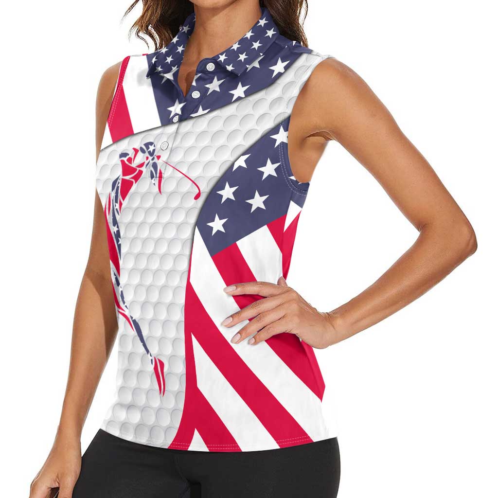 Personalized American Flag Golf Women Sleeveless Polo Shirt Female Silhouette and Red White Blue Golf Bag Graphic - Wonder Print Shop