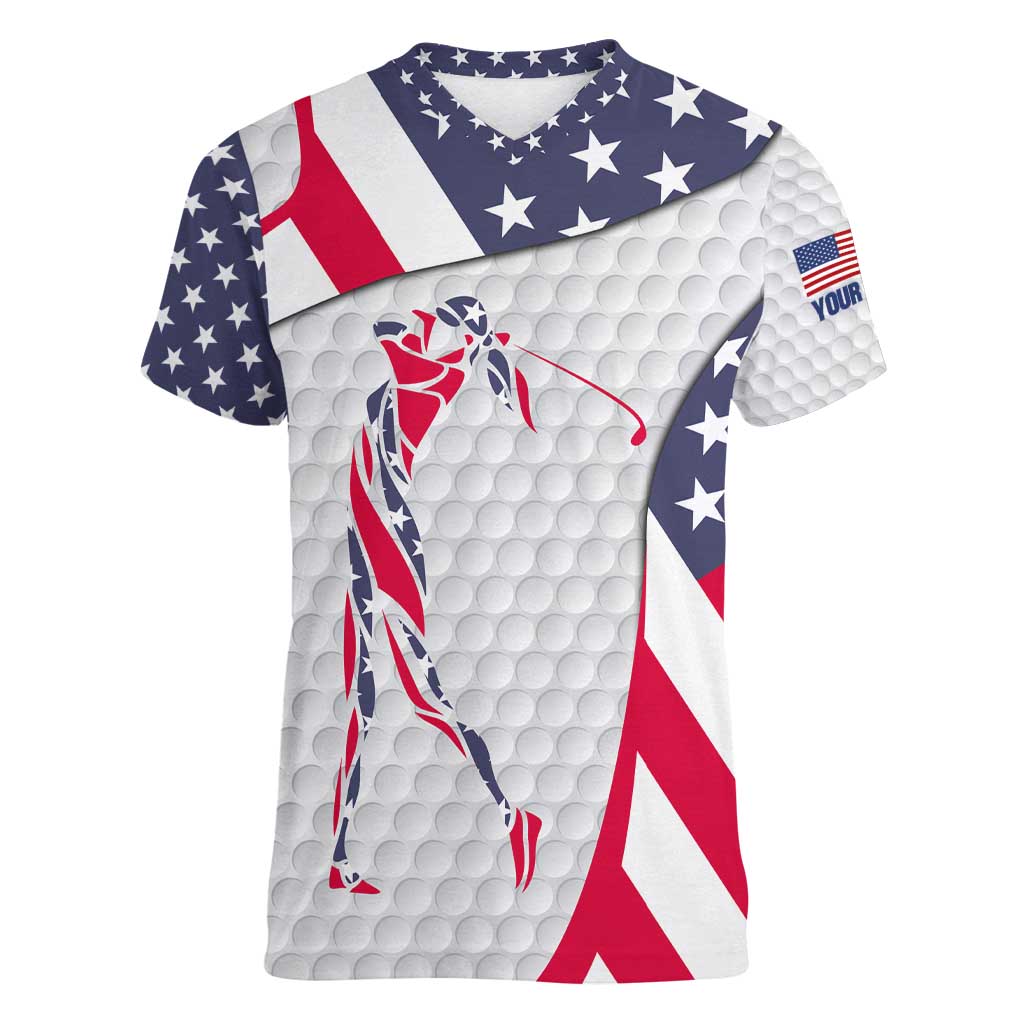 Personalized American Flag Golf Women V-Neck T-Shirt Female Silhouette and Red White Blue Golf Bag Graphic - Wonder Print Shop