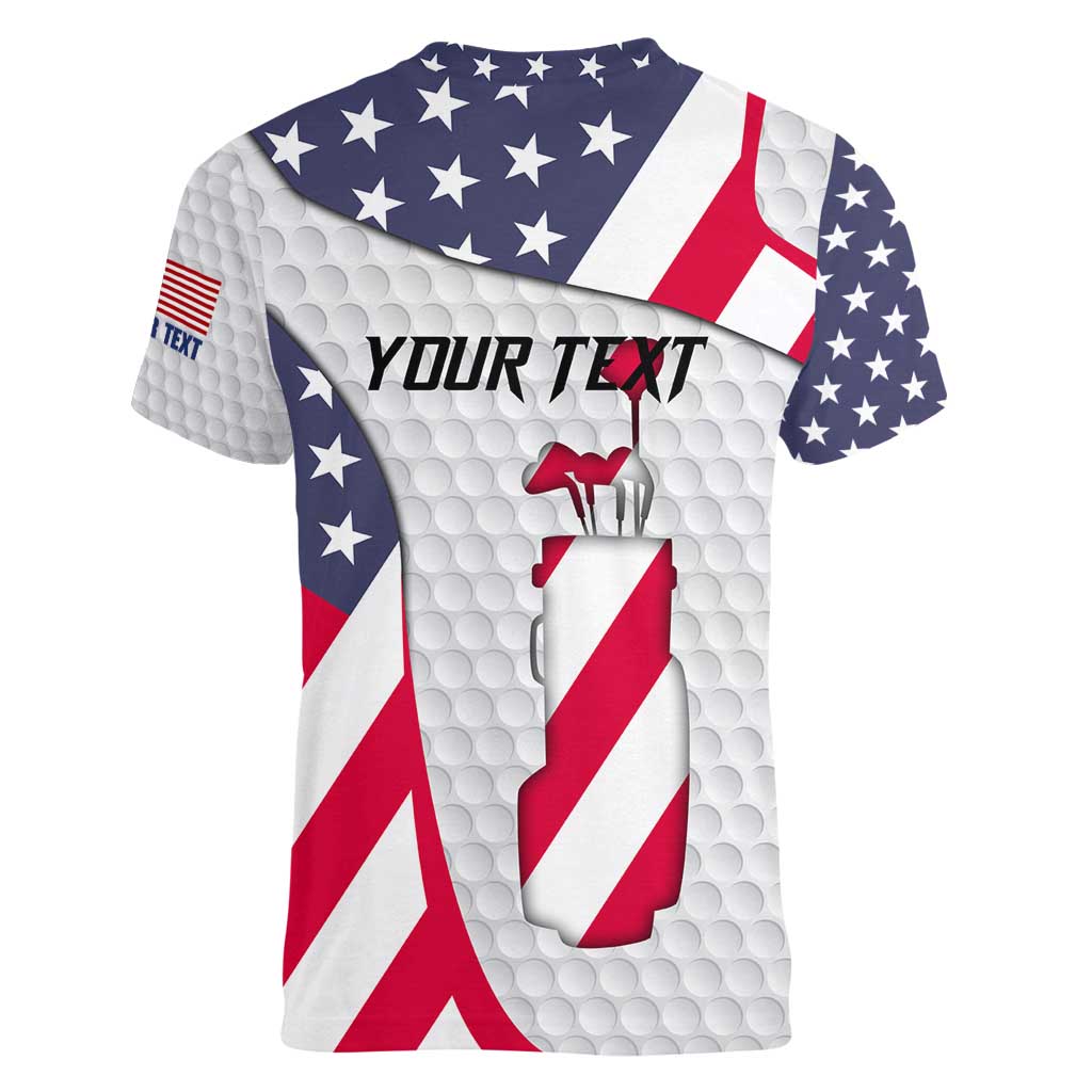 Personalized American Flag Golf Women V-Neck T-Shirt Female Silhouette and Red White Blue Golf Bag Graphic - Wonder Print Shop