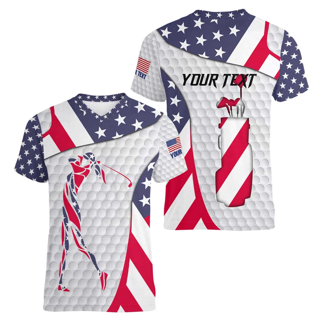 Personalized American Flag Golf Women V-Neck T-Shirt Female Silhouette and Red White Blue Golf Bag Graphic - Wonder Print Shop