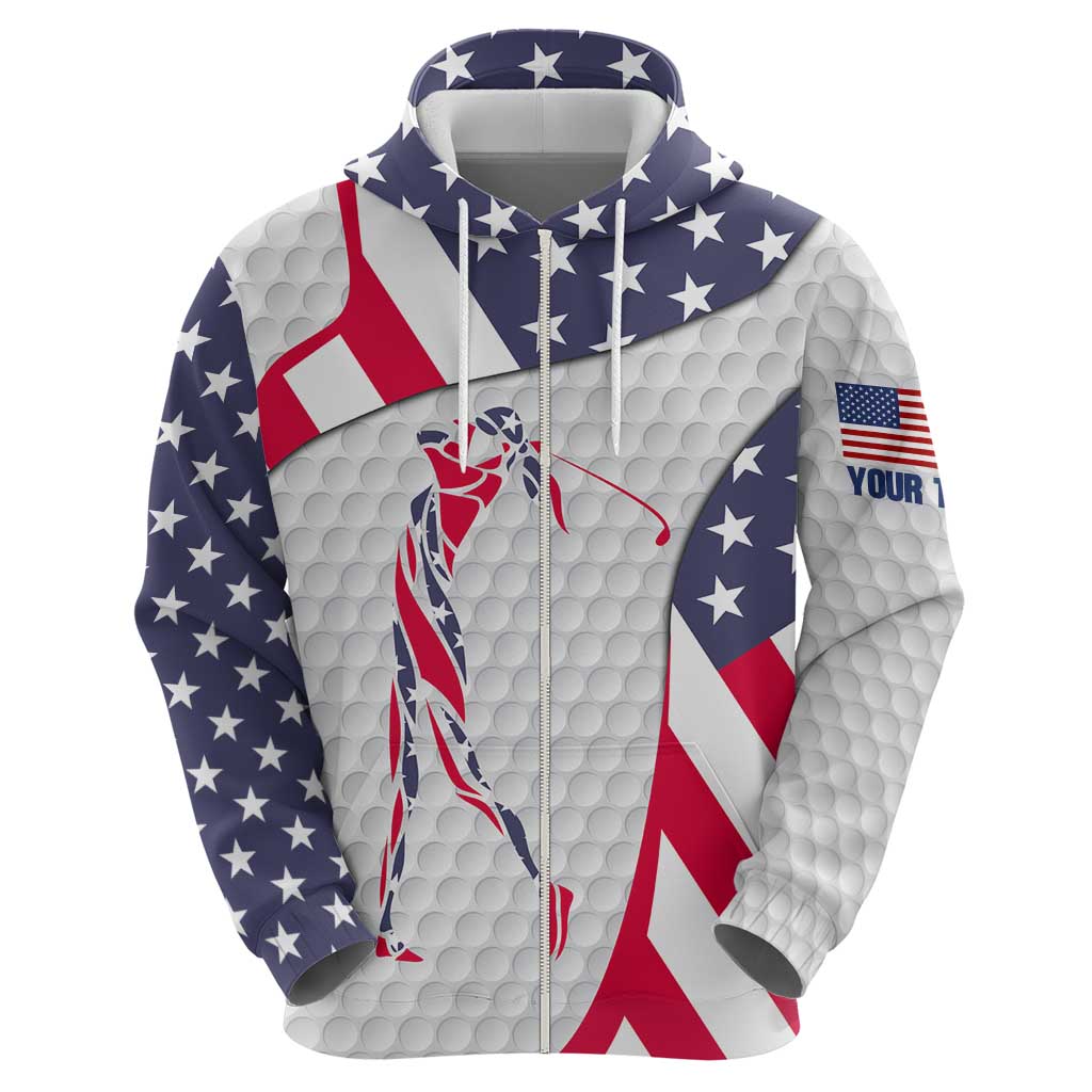 Personalized American Flag Golf Zip Hoodie Female Silhouette and Red White Blue Golf Bag Graphic - Wonder Print Shop