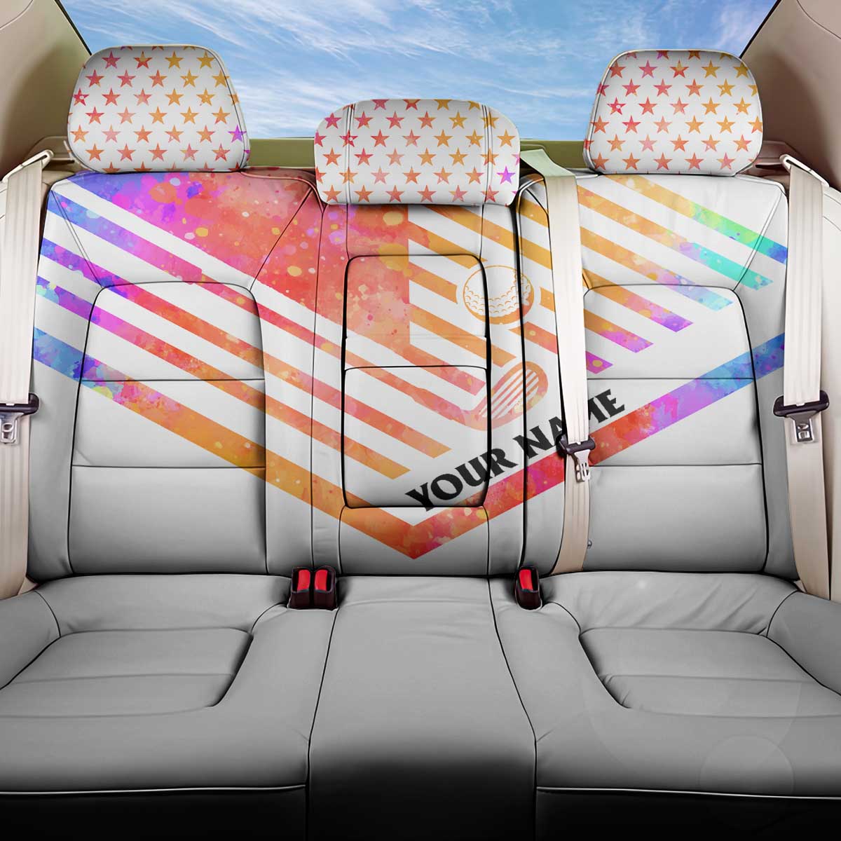 USA Golf Design Back Car Seat Cover Watercolor Female Silhouette and Orange Gradient Flag and Ball Pattern - Wonder Print Shop