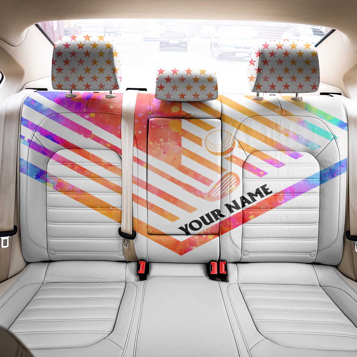 USA Golf Design Back Car Seat Cover Watercolor Female Silhouette and Orange Gradient Flag and Ball Pattern - Wonder Print Shop