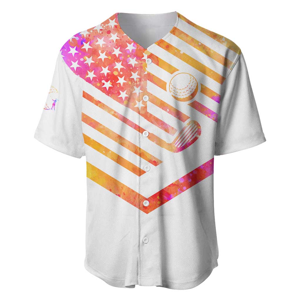 USA Golf Design Baseball Jersey Watercolor Female Silhouette and Orange Gradient Flag and Ball Pattern - Wonder Print Shop