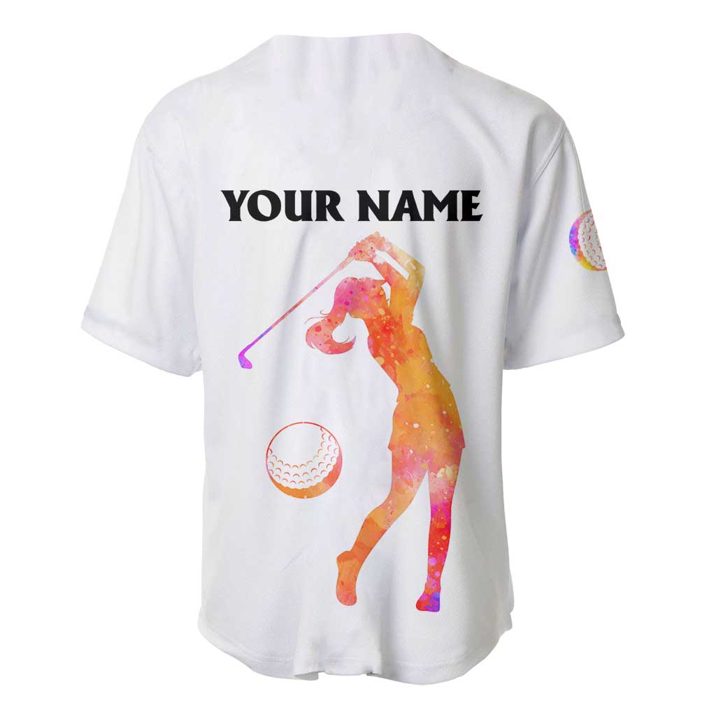 USA Golf Design Baseball Jersey Watercolor Female Silhouette and Orange Gradient Flag and Ball Pattern - Wonder Print Shop