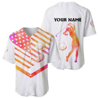 USA Golf Design Baseball Jersey Watercolor Female Silhouette and Orange Gradient Flag and Ball Pattern - Wonder Print Shop
