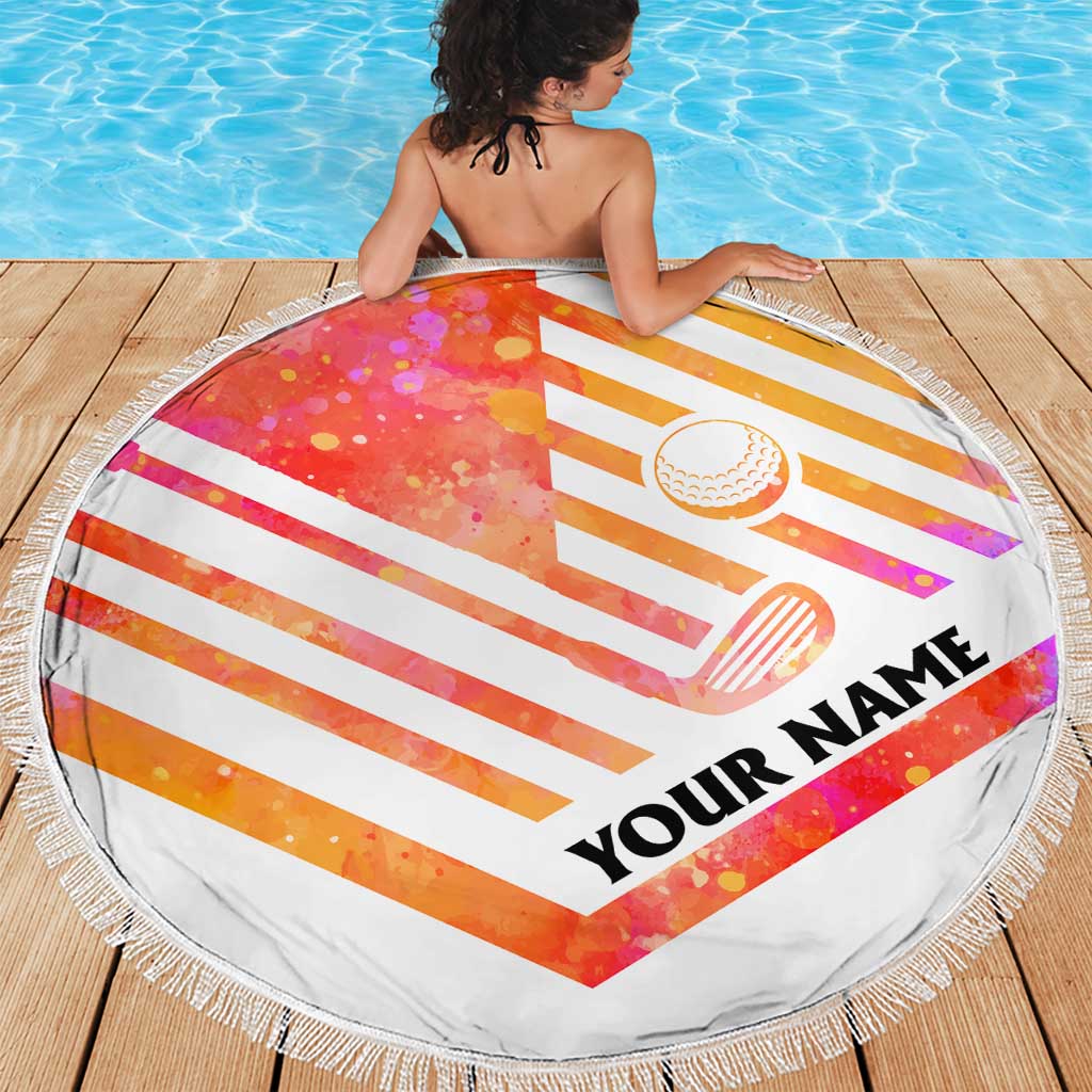 USA Golf Design Beach Blanket Watercolor Female Silhouette and Orange Gradient Flag and Ball Pattern - Wonder Print Shop