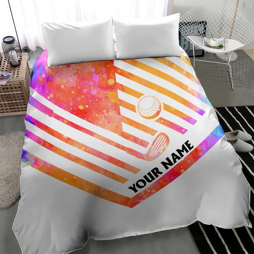 USA Golf Design Bedding Set Watercolor Female Silhouette and Orange Gradient Flag and Ball Pattern - Wonder Print Shop