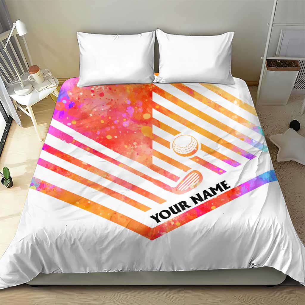 USA Golf Design Bedding Set Watercolor Female Silhouette and Orange Gradient Flag and Ball Pattern - Wonder Print Shop
