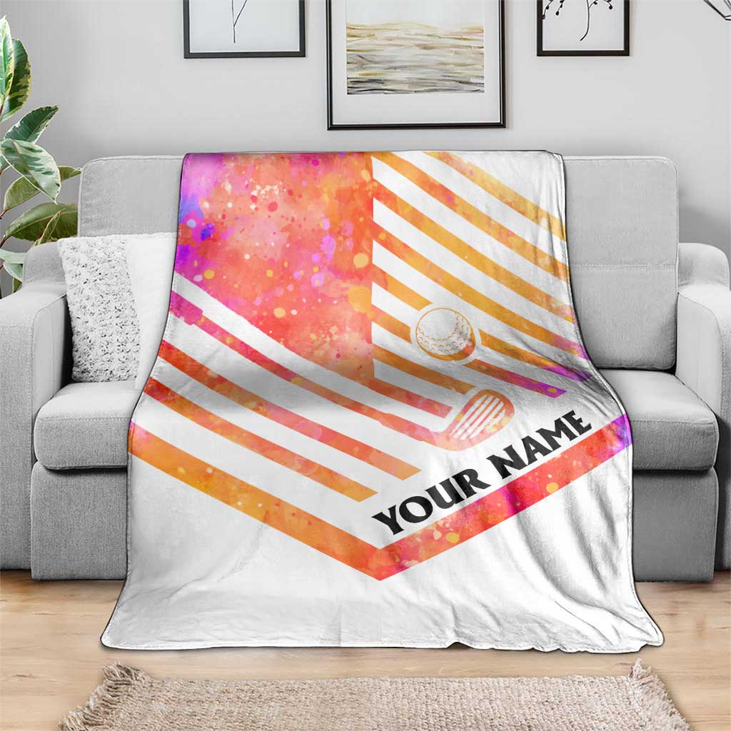 USA Golf Design Blanket Watercolor Female Silhouette and Orange Gradient Flag and Ball Pattern - Wonder Print Shop