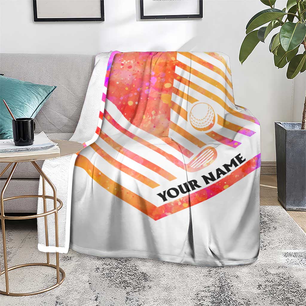 USA Golf Design Blanket Watercolor Female Silhouette and Orange Gradient Flag and Ball Pattern - Wonder Print Shop