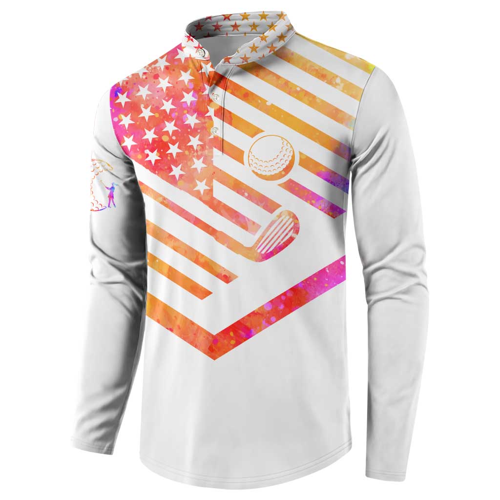 USA Golf Design Button Sweatshirt Watercolor Female Silhouette and Orange Gradient Flag and Ball Pattern - Wonder Print Shop