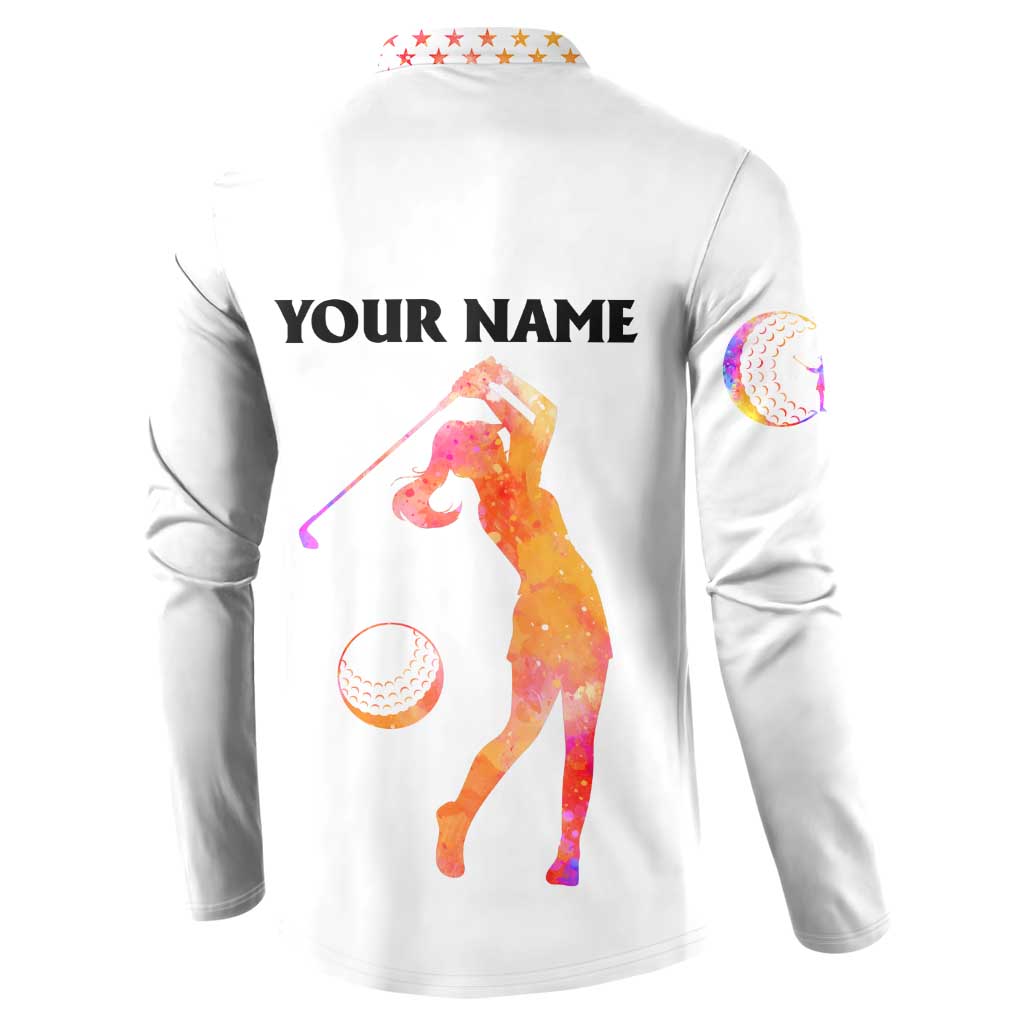USA Golf Design Button Sweatshirt Watercolor Female Silhouette and Orange Gradient Flag and Ball Pattern - Wonder Print Shop