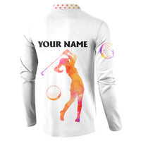 USA Golf Design Button Sweatshirt Watercolor Female Silhouette and Orange Gradient Flag and Ball Pattern - Wonder Print Shop