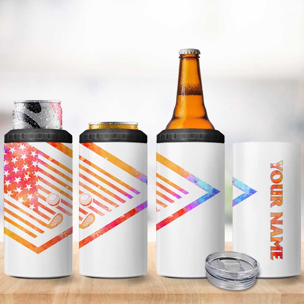 USA Golf Design 4 in 1 Can Cooler Tumbler Watercolor Female Silhouette and Orange Gradient Flag and Ball Pattern - Wonder Print Shop