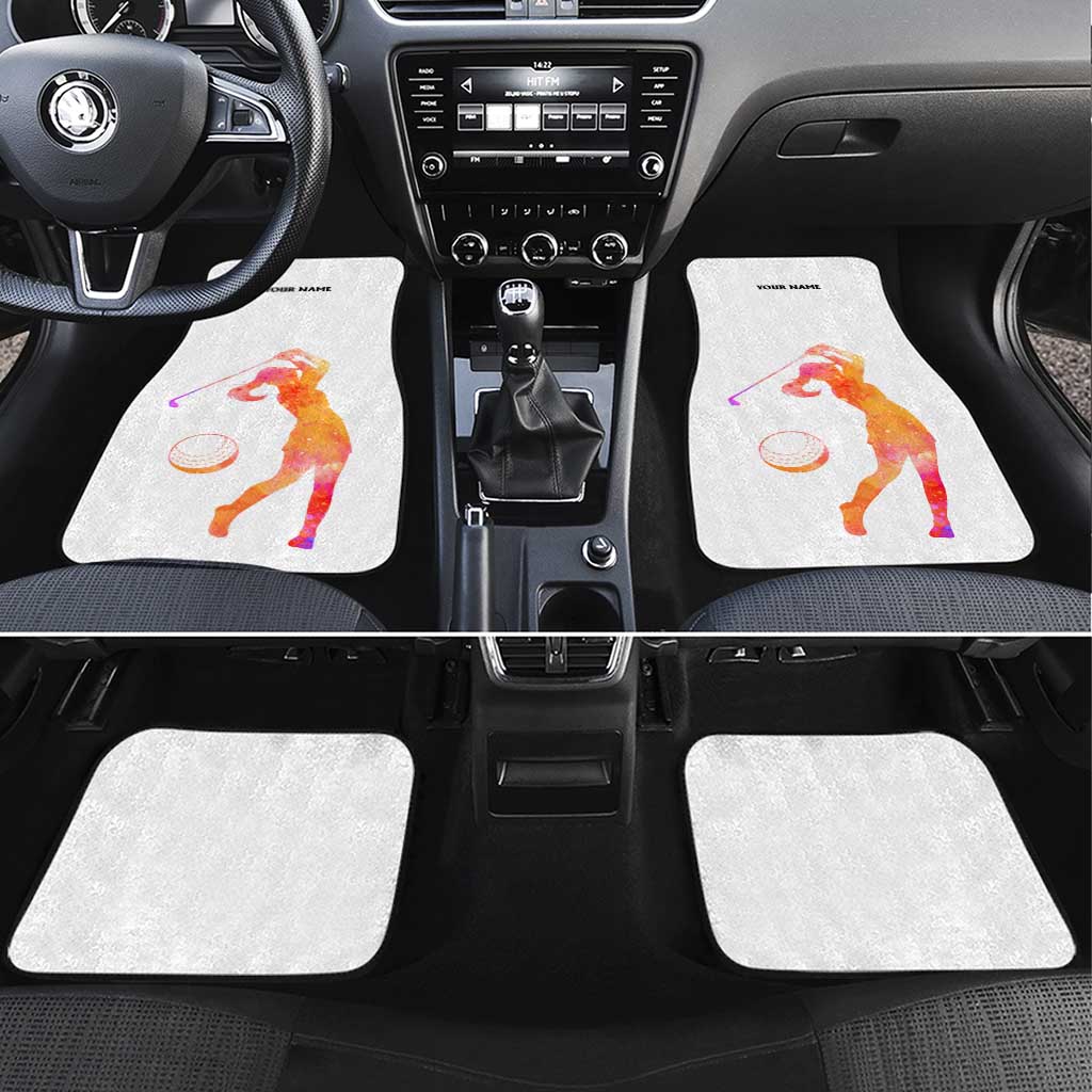 USA Golf Design Car Mats Watercolor Female Silhouette and Orange Gradient Flag and Ball Pattern - Wonder Print Shop