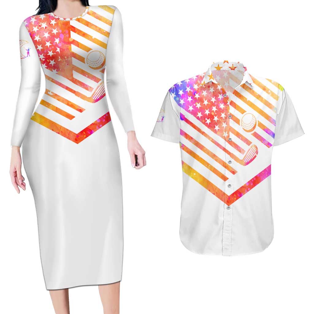 USA Golf Design Couples Matching Long Sleeve Bodycon Dress and Hawaiian Shirt Watercolor Female Silhouette and Orange Gradient Flag and Ball Pattern - Wonder Print Shop