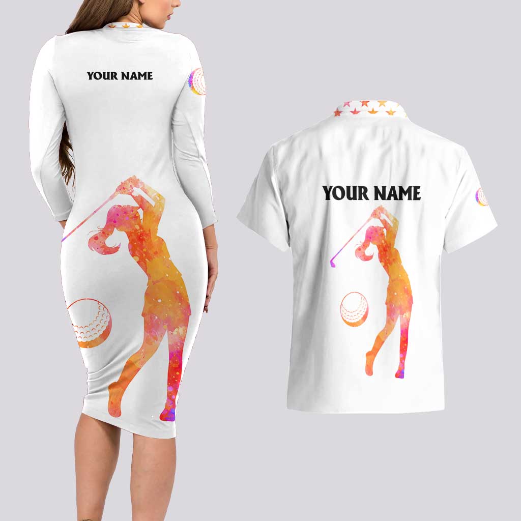 USA Golf Design Couples Matching Long Sleeve Bodycon Dress and Hawaiian Shirt Watercolor Female Silhouette and Orange Gradient Flag and Ball Pattern - Wonder Print Shop