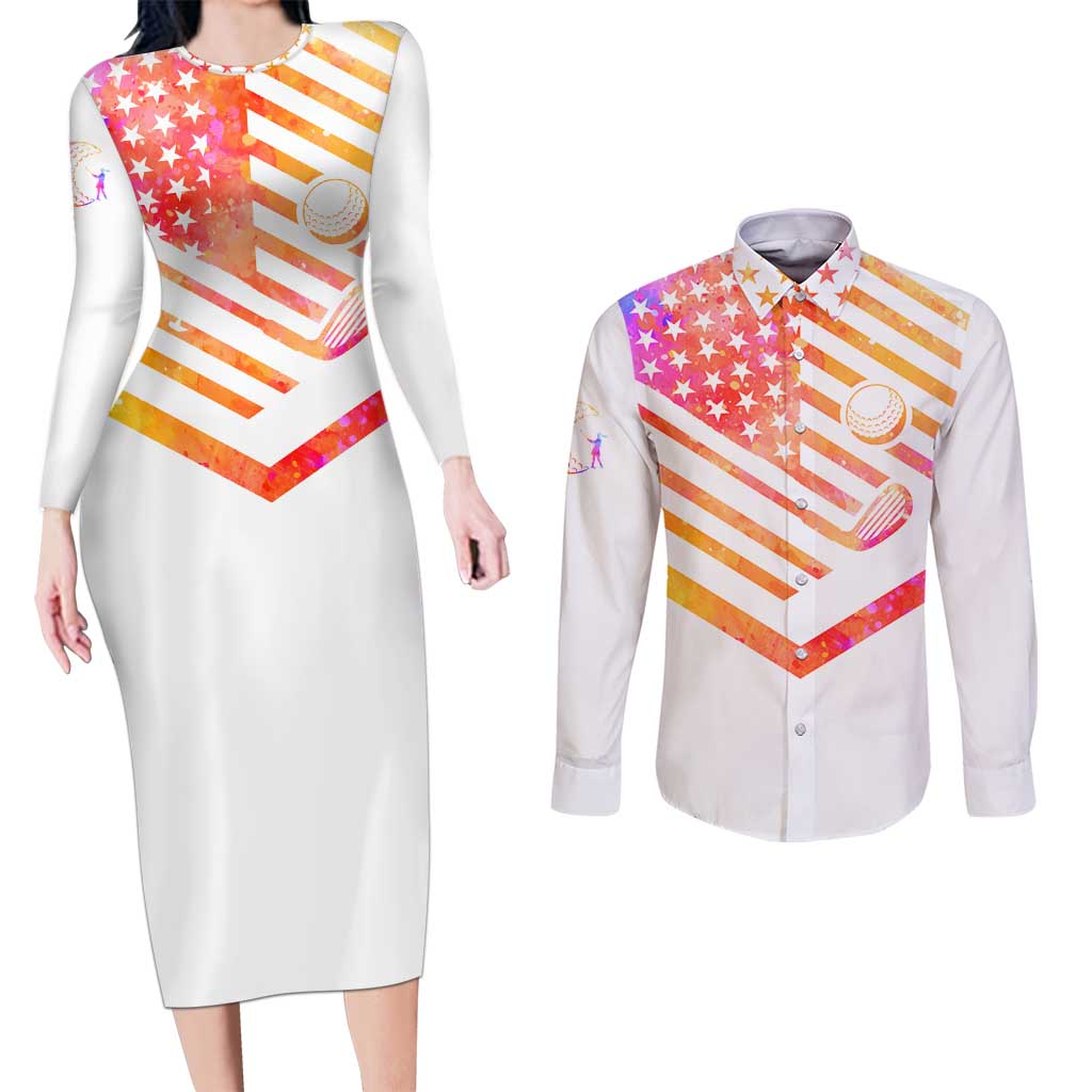 USA Golf Design Couples Matching Long Sleeve Bodycon Dress and Long Sleeve Button Shirt Watercolor Female Silhouette and Orange Gradient Flag and Ball Pattern - Wonder Print Shop