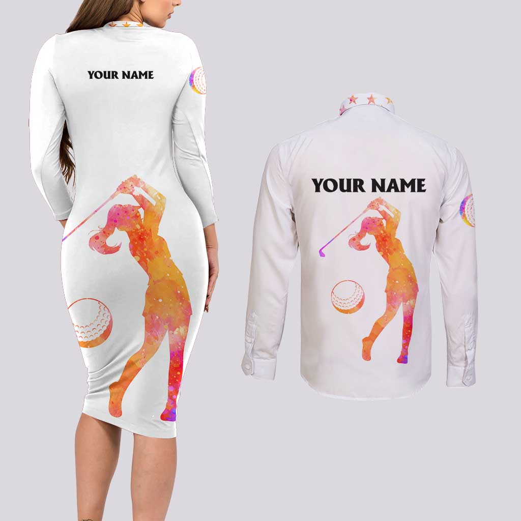 USA Golf Design Couples Matching Long Sleeve Bodycon Dress and Long Sleeve Button Shirt Watercolor Female Silhouette and Orange Gradient Flag and Ball Pattern - Wonder Print Shop