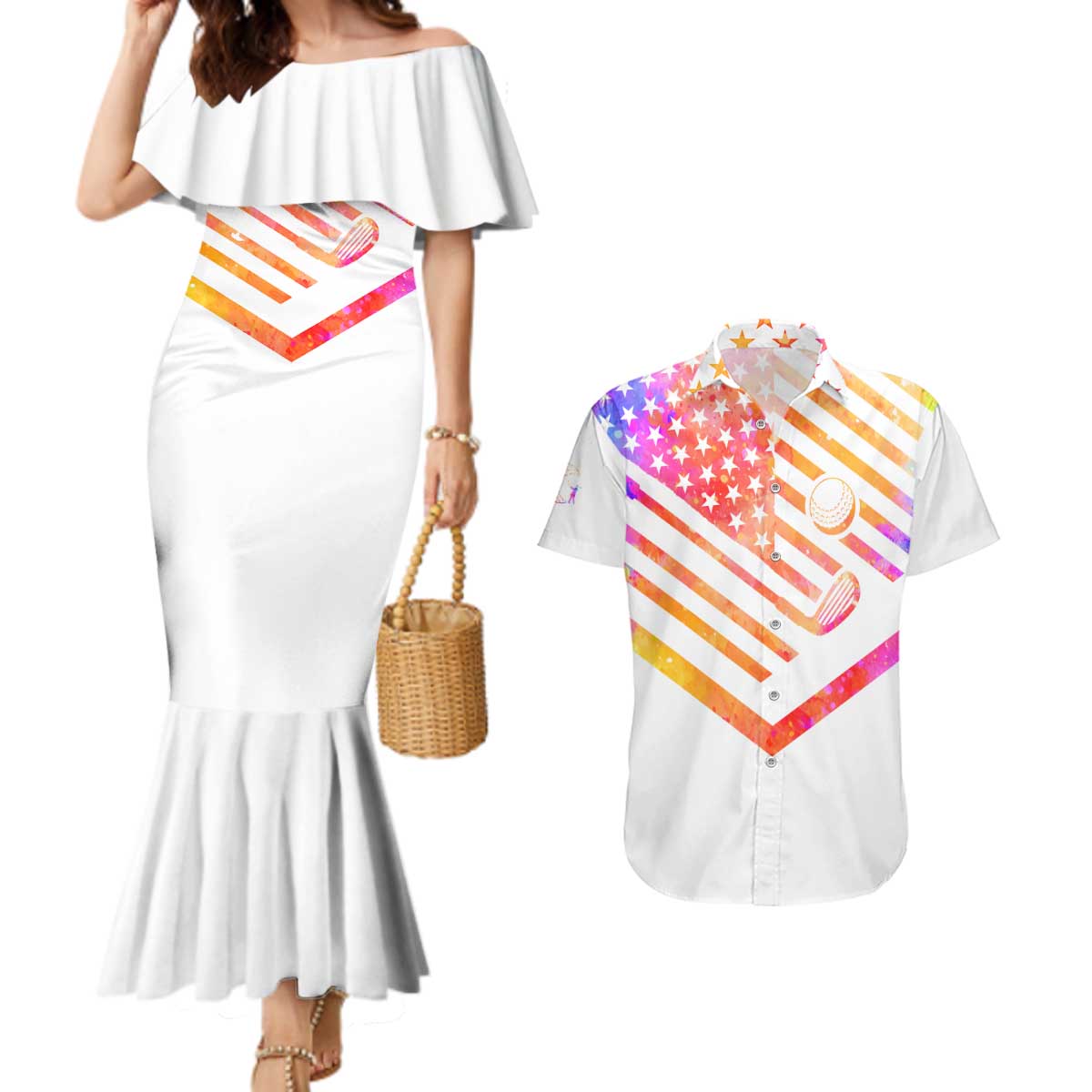 USA Golf Design Couples Matching Mermaid Dress and Hawaiian Shirt Watercolor Female Silhouette and Orange Gradient Flag and Ball Pattern - Wonder Print Shop