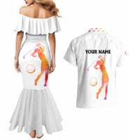 USA Golf Design Couples Matching Mermaid Dress and Hawaiian Shirt Watercolor Female Silhouette and Orange Gradient Flag and Ball Pattern - Wonder Print Shop