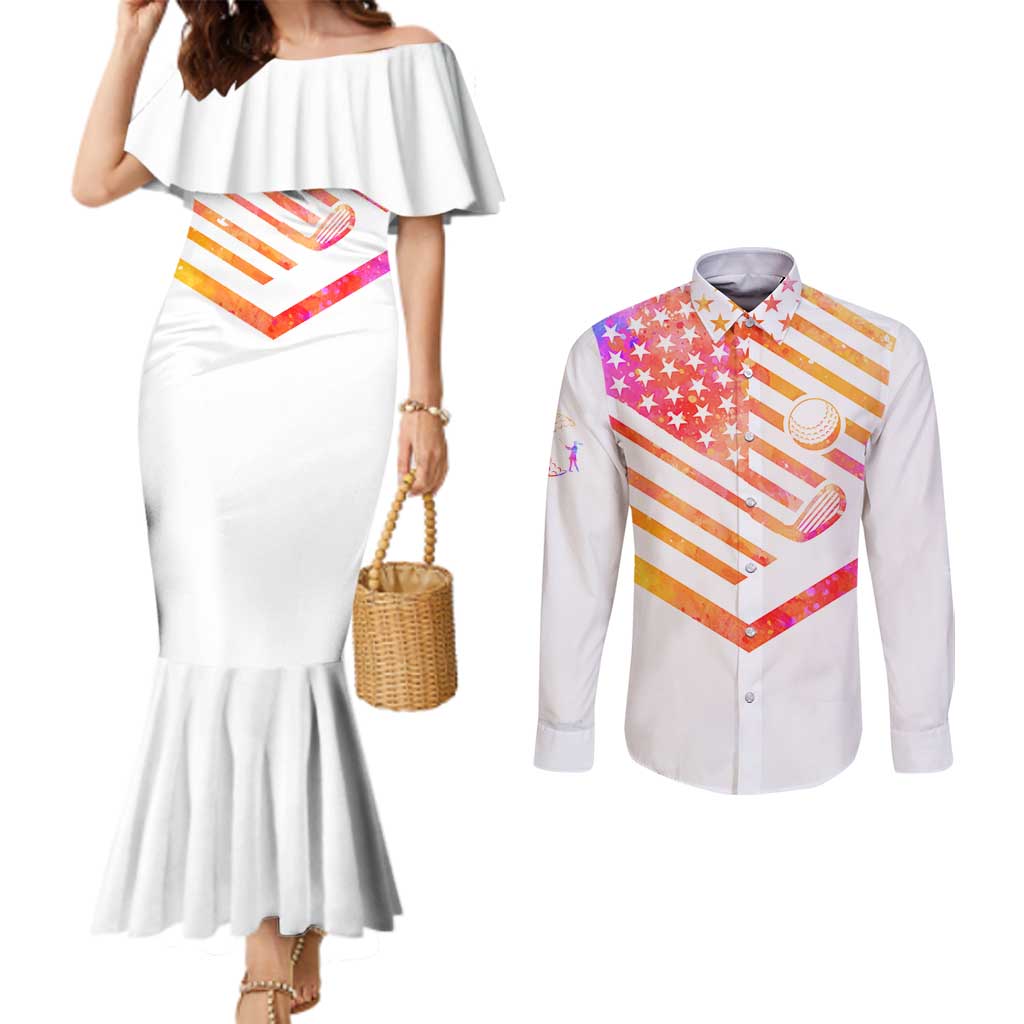 USA Golf Design Couples Matching Mermaid Dress and Long Sleeve Button Shirt Watercolor Female Silhouette and Orange Gradient Flag and Ball Pattern - Wonder Print Shop
